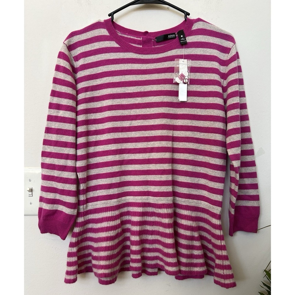 NWT AQUA 100% Cashmere Striped Peplum Sweater Sz L Hot Pink Coquette Balletcore